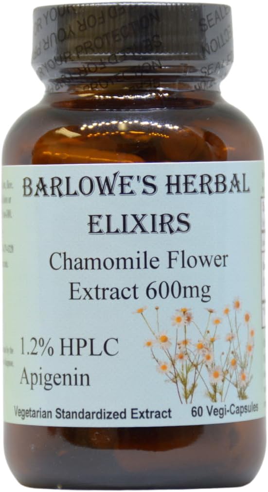 Barlowe 's Herbal Elixirs Kamille Flower Extract 124; tysk Kamille Support 124; Matricaria Chamomilla • 124; 1,2% Apigenin • 124; 600mg per Kapsel • 124; 60 Vegi Kapsler • 124; Stearate Free • 124; Glaskolbe