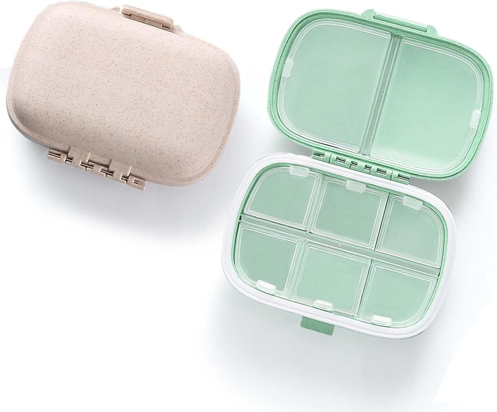 MEACOLIA 2 Pack 8 Compartments Travel Pill Organizer Box Fugtighedsbevis Lille Pill Case for Pocket Purse Daily Pill Holder Container for Medicine Vitamin (Cyan & Khaki)