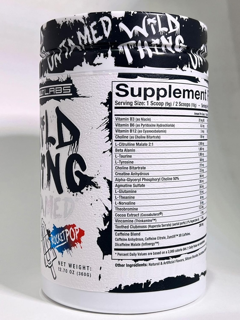 Wild Thing Pre Workout Powder Blend of Di- Citrullin Malat, Beta Alanine, L- Glutamin, Koffein Vandfri, L- Tyrosine, Huperzine, Cocoa Extract for Energy, Muscle Health and Focus