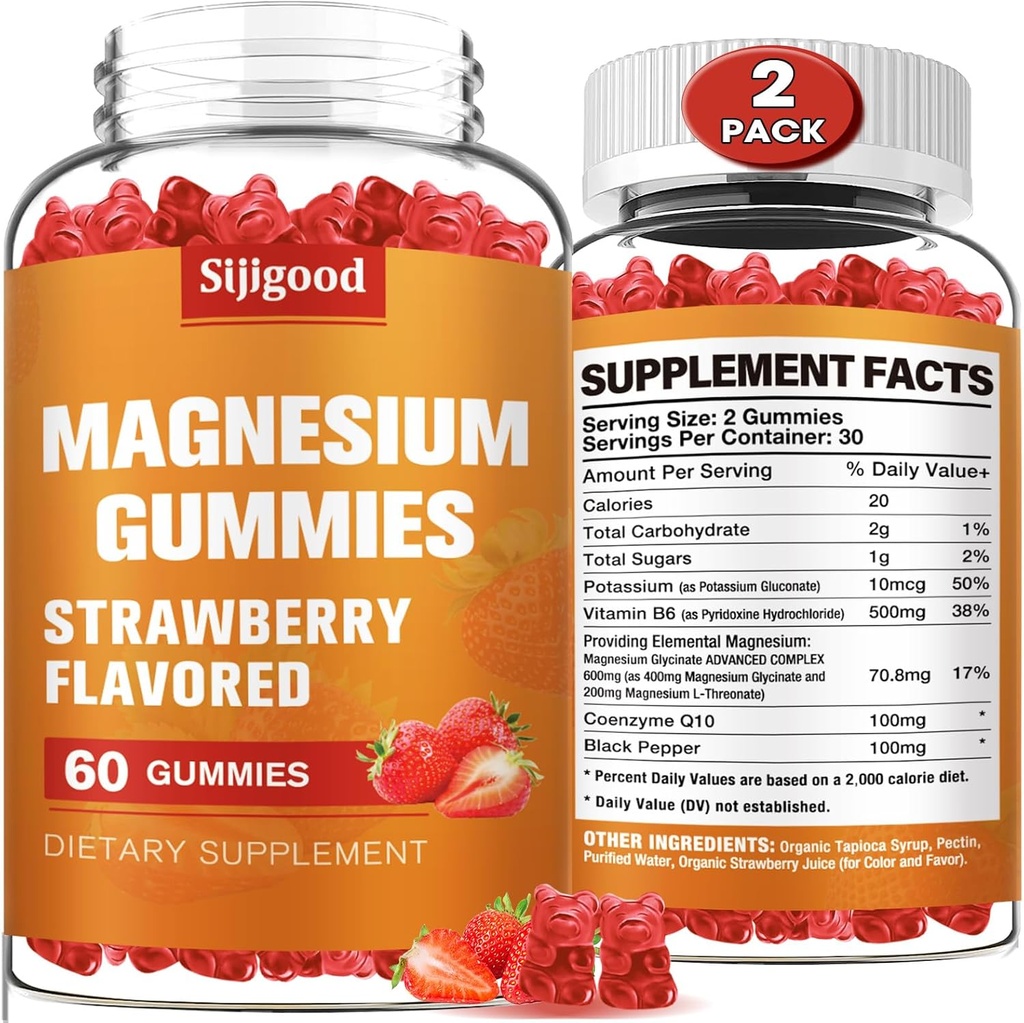 2 Pack High Absorption Magnesium Glycinate Gummies, Magnesium Gummies for Women, Men and Kids, Promotes Healthy Relaxation, zzZ, Muscle, Bone & Energy