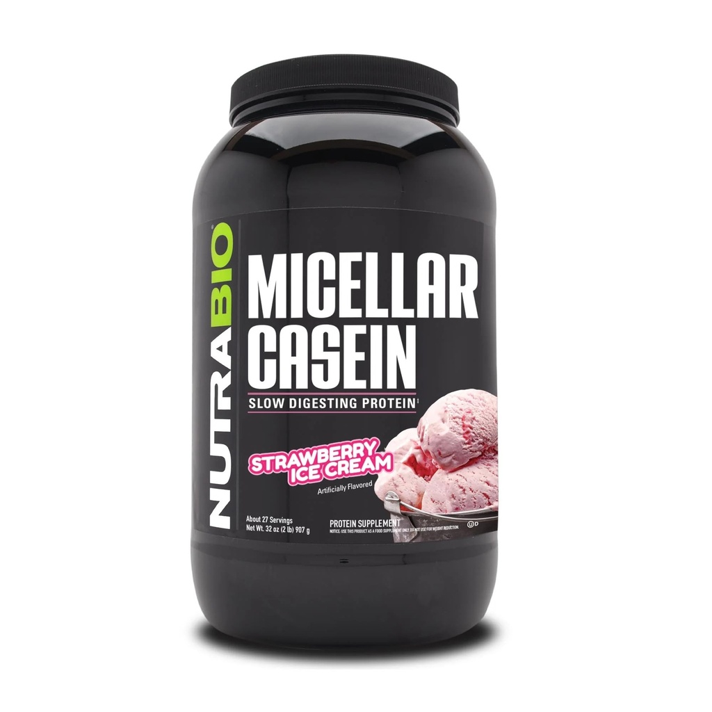 NutraBio Casein Protein Powder, Micellar Casien Powder, 25g Slow Digesting Protein, Hjælper med at holde dig fuld, Overnight Muscle Recovery & Growth, BCAA & EAA, Gluten Free, Soy Free, 2lb Strawberry Ice Cream