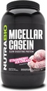 NutraBio Casein Protein Powder, Micellar Casien Powder, 25g Slow Digesting Protein, Hjælper med at holde dig fuld, Overnight Muscle Recovery & Growth, BCAA & EAA, Gluten Free, Soy Free, 2lb Strawberry Ice Cream