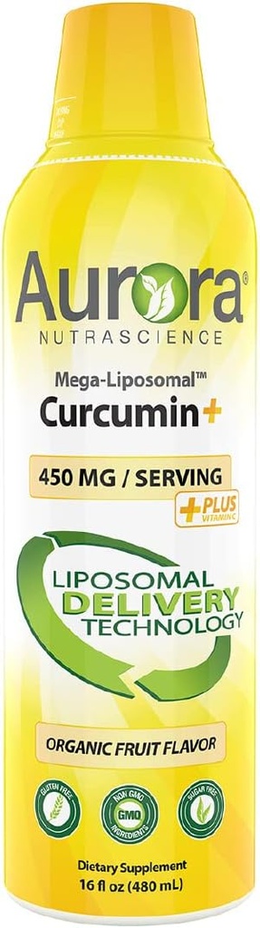 Aurora Nutrascience Mega- Liposomal Curcumin + C-vitamin med CurcuVail, Understøtter sunde Joints, Muskler, GI Tract, og hjerne funktion, Organisk, Non- GMO, 32 Servere, 16 fl oz