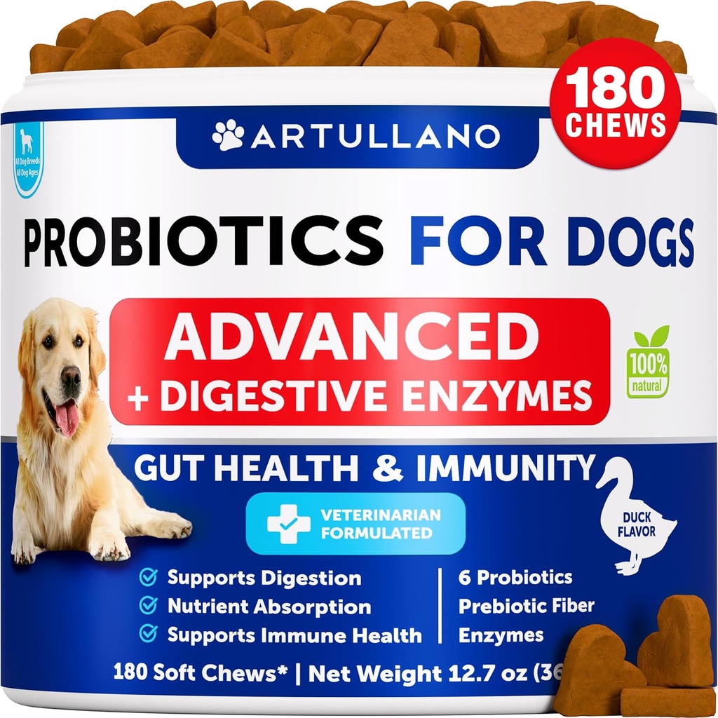 Probiotika til hunde - Støtte Gut Sundhed, Itchy Hud, Allergier, Immunitet, Yeast Balance - Hundeprobiotika og fordøjelsesenzymer med Prebiotika - Reducere Diarré, Gas - 180 Probiotiske Chews til hunde