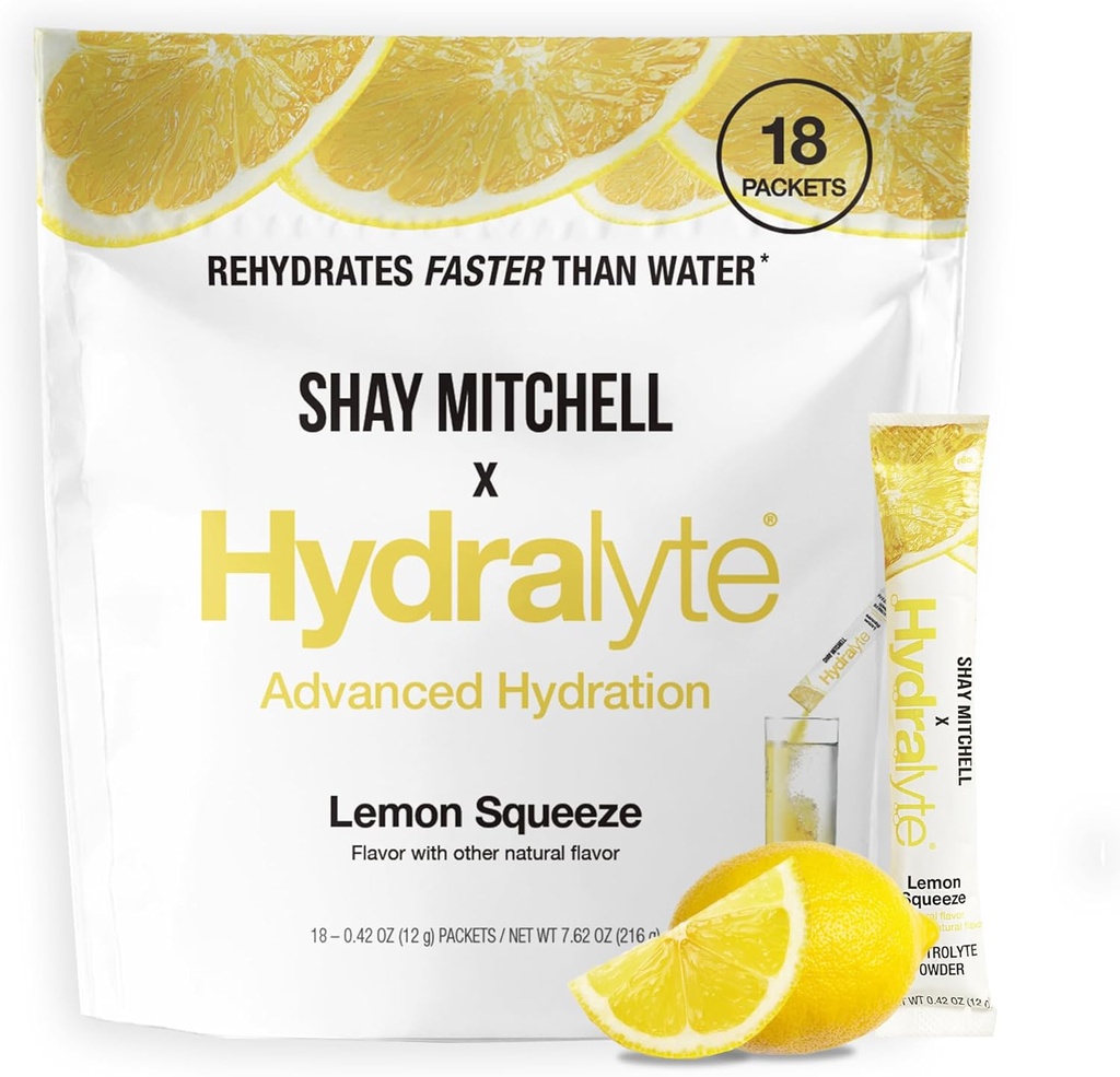 Hydralyte Shay Mitchell Low Sugar Rapid Rehydration - Lightly Sparkling Electrolyte Powder Packets, Lemon Squeeze | Travel Essential - Workout Essential - Recovery Powder (18 Count)
