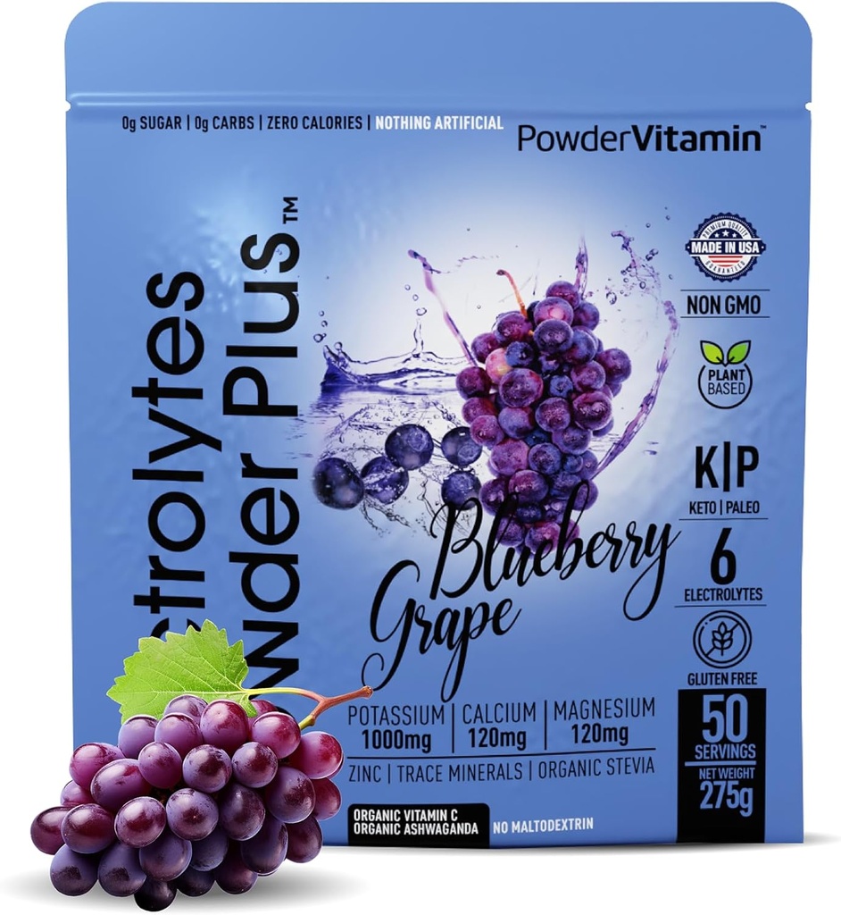 Elektrolyter Powder Plus (50 Servere), 0 Calorie Keto, 0 Sukker, Ingen Maltodextrin, 1000mg Kalium, 120mg Calcium, 120mg Magnesium, Hydrationspulver (50 Servere, Blåbær Grape)