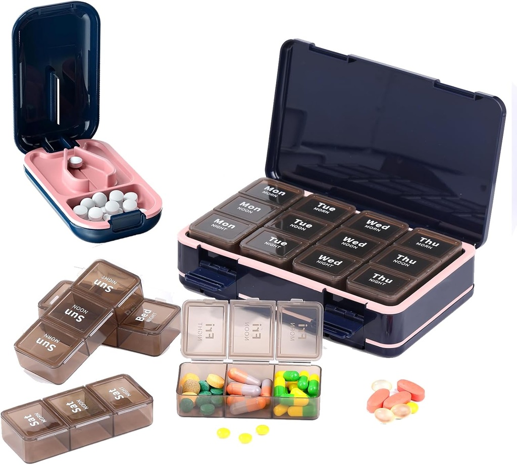 Pill Cutter + Pill Organizer, Pill Splitter Pill Cutter til små eller store piller, Pill Box 7 Dag Medicin 3 gange om dagen, Portable Pill Crusher & Pill Case for Purse Pocket