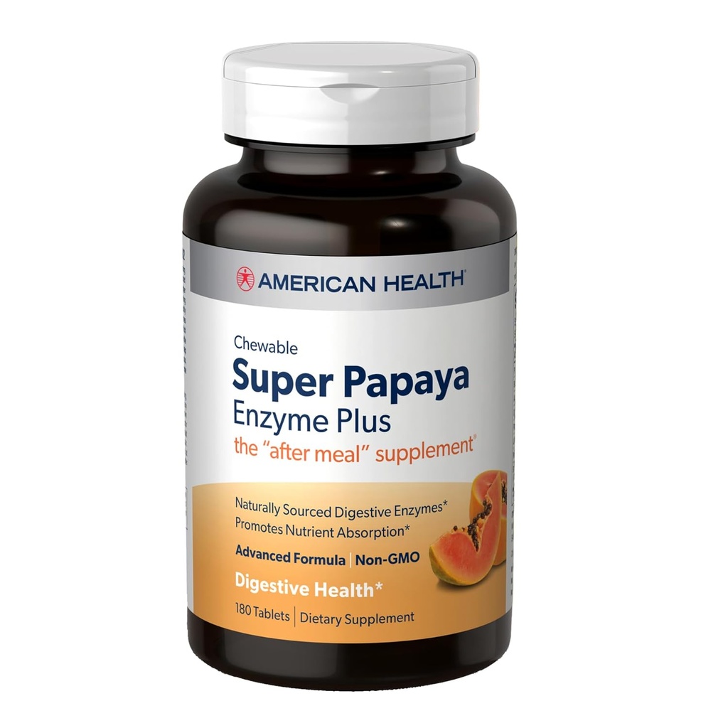 American Health Super Papaya Enzyme Plus - 180 tyggetabletter - Eftermåltid tillæg - ikke-GMO - 60 Servering