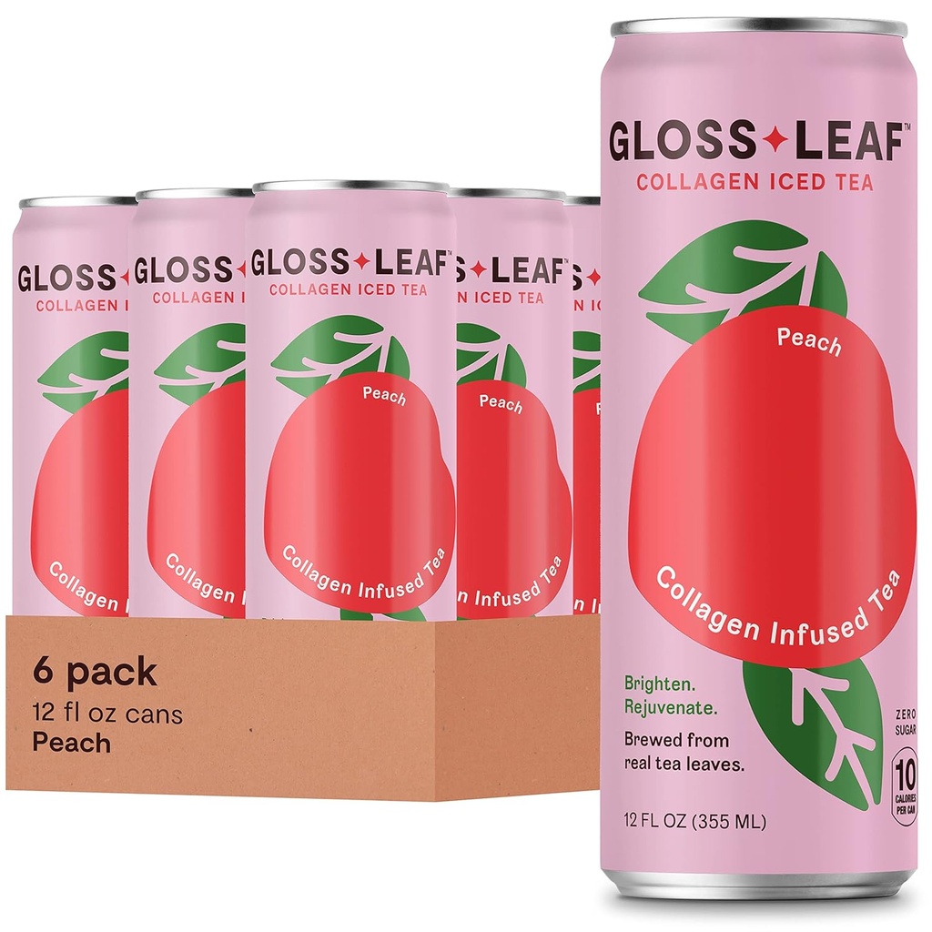 Gloss Leaf Collagen Iced Tea (Zero- Sukker, Peach): Brygget Sort Tea med Collagen Peptider Protein & C-vitamin, Skønhed & Anti- Aging, 12 Fl Oz, 6 Pack