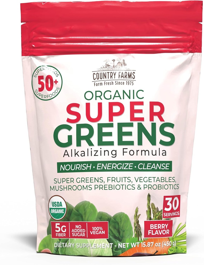 Country Farms Super Green Berry Flavor, 50 Organic Super Foods, USDA Organic Drink Mix (Hvede Græs, Spirulina, Chlorella) Svampe & Probiotika, med Fiber, Gut Sundhed, Natural Energy, 30 Servere