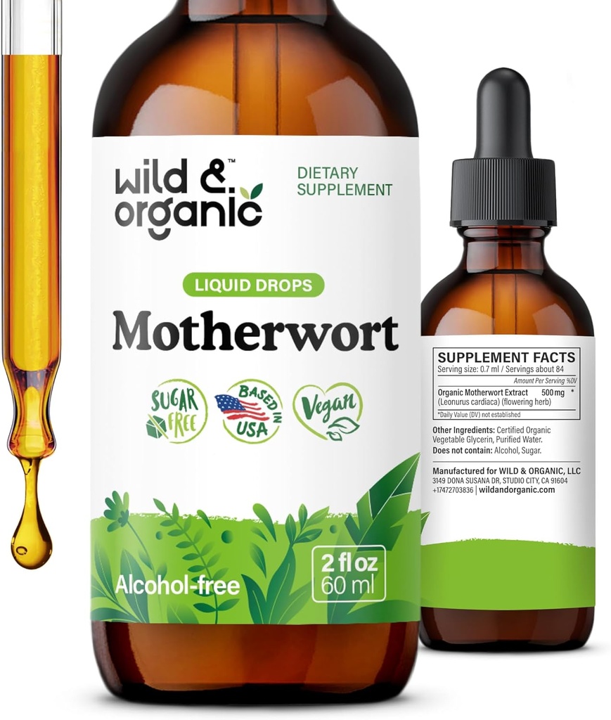 Wild & Organic Moderwort Tinktur - Good Mood, Calmness, Kvinder Support - Moderwort Herb Extract Drops - Vegan, Sukker & Alkohol- Free Supplement - 2 fl oz
