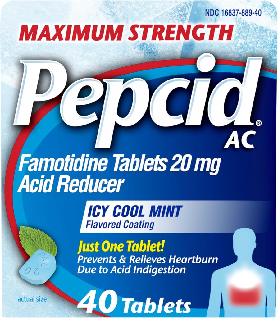 Pepcid AC Maksimal styrke Heartburn Relief Tablets, OTC Medicin Prevents & Relieves Heartburn På grund af syre fordøjelsesbesvær & sour Mavesæk, 20mg Famotidinsyre Reducer, ICY Cool Mint, 40 ct