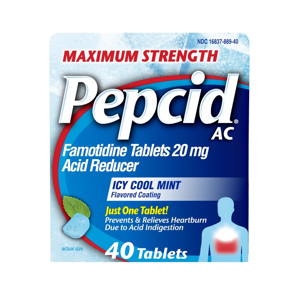 Pepcid AC Maksimal styrke Heartburn Relief Tablets, OTC Medicin Prevents & Relieves Heartburn På grund af syre fordøjelsesbesvær & sour Mavesæk, 20mg Famotidinsyre Reducer, ICY Cool Mint, 40 ct