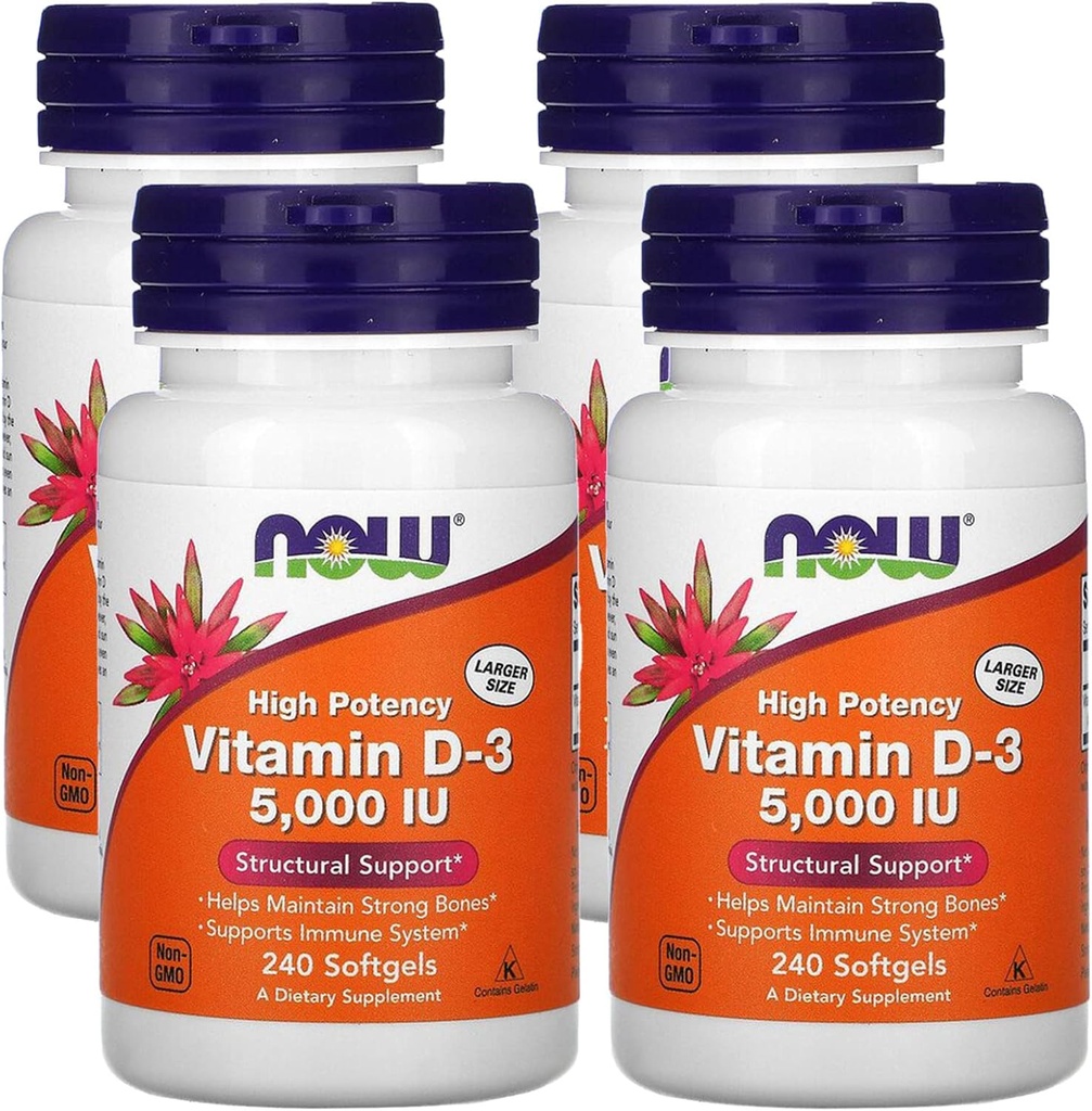 Now Foods Now Supplements, Vitamin D-3 5,000 IU, High Potency, Structural Support*, 240 Softgels (4 Pack)
