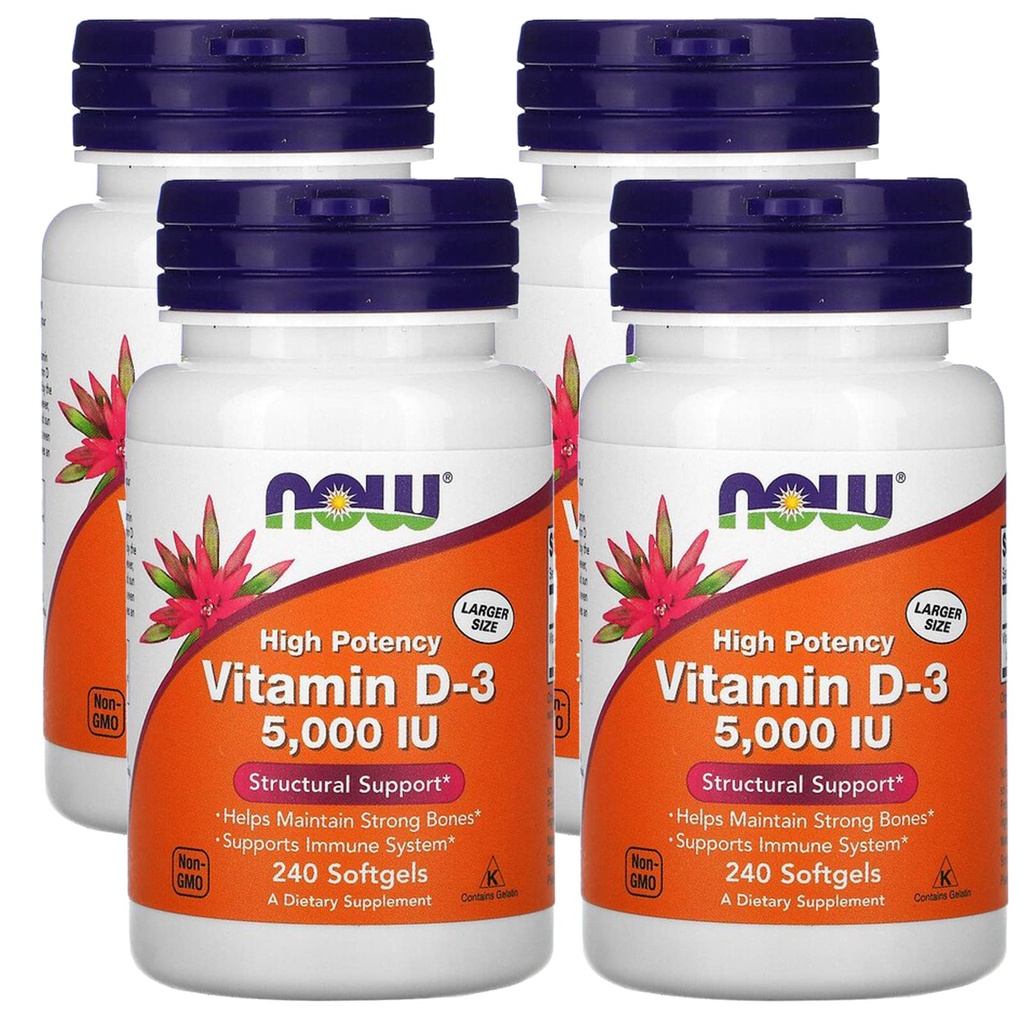 Nu fødevarer nu Kosttilskud, vitamin D-3 5.000 IE, høj potens, strukturel støtte *, 240 Softgels (4 Pack)
