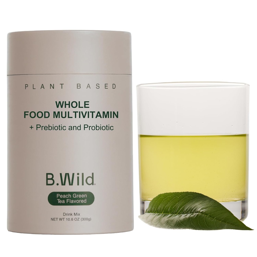B.WILD Plantbaseret Multivitamin Drink Mix - Forfriskning Peach Green Tea med Prebiotika, Probiotika & Adaptogens for Gut Health & Stress Support - 30 Serveringer - Vegan, Gluten- Free