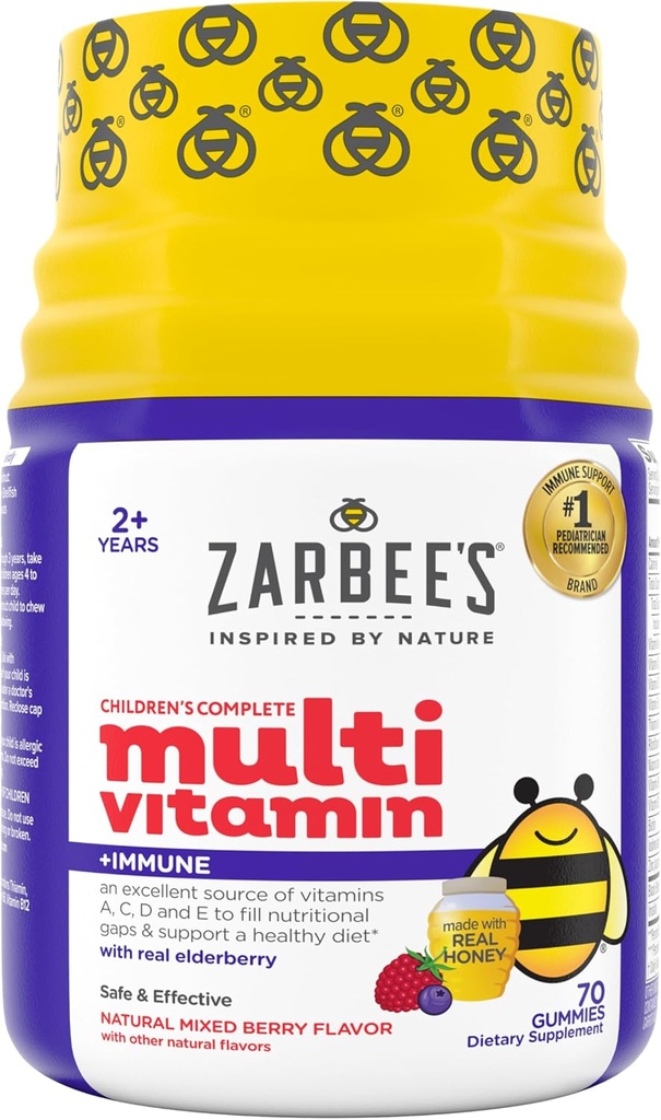 Zarbee 's Complete Kids Multivitamin Gummies + immunforsvar, Berry Flavor, Honey- sødet, Glutenfri & Gelatin- fri, Vitamin A, C, D3, E, B6, B12, Folsyre & B- Complex, 70 Greve