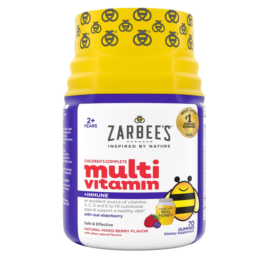 Zarbee 's Complete Kids Multivitamin Gummies + immunforsvar, Berry Flavor, Honey- sødet, Glutenfri & Gelatin- fri, Vitamin A, C, D3, E, B6, B12, Folsyre & B- Complex, 70 Greve