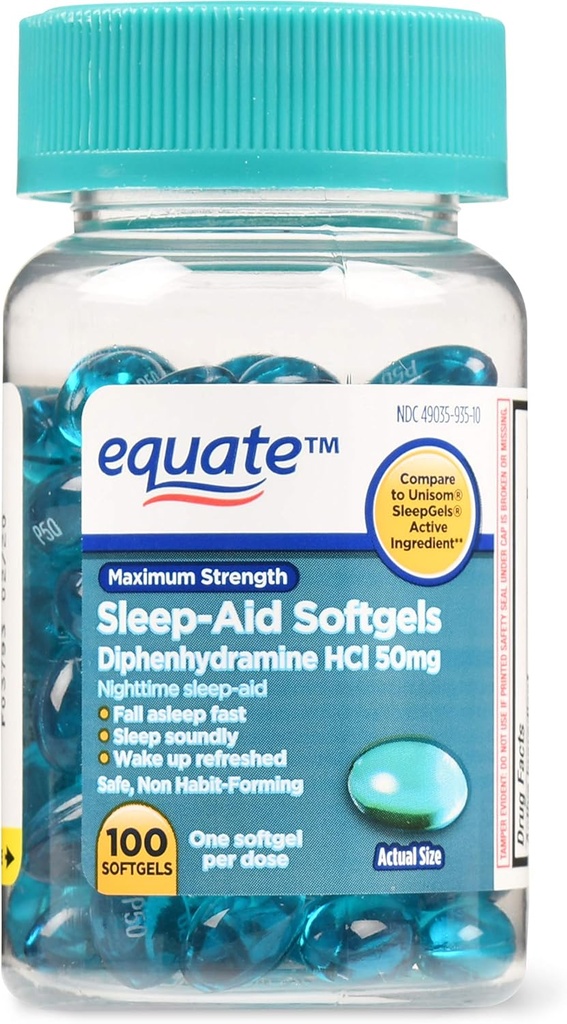 Equate Maximum Strength Sleep- Aid Softgels, 50 mg, 100 Tæl