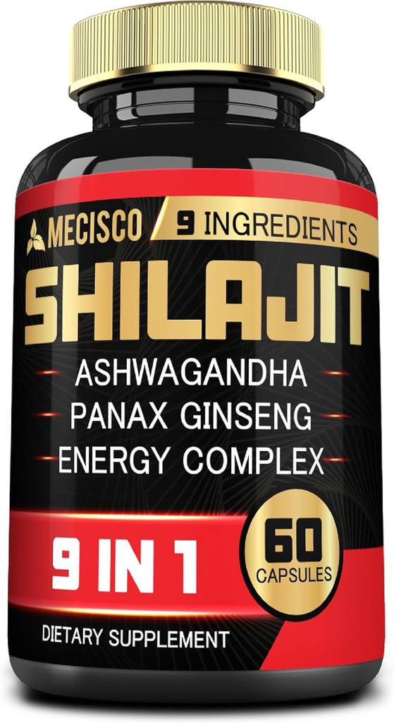 Shilajit Supplement med Ashwagandha Root, Panax Ginseng, L- Arginin, Chaga & Mere - Shilajit Pure Himalayan Organic - immunsystem, energiproduktion, Stamina & Komfortable Mood - 60 kapsler