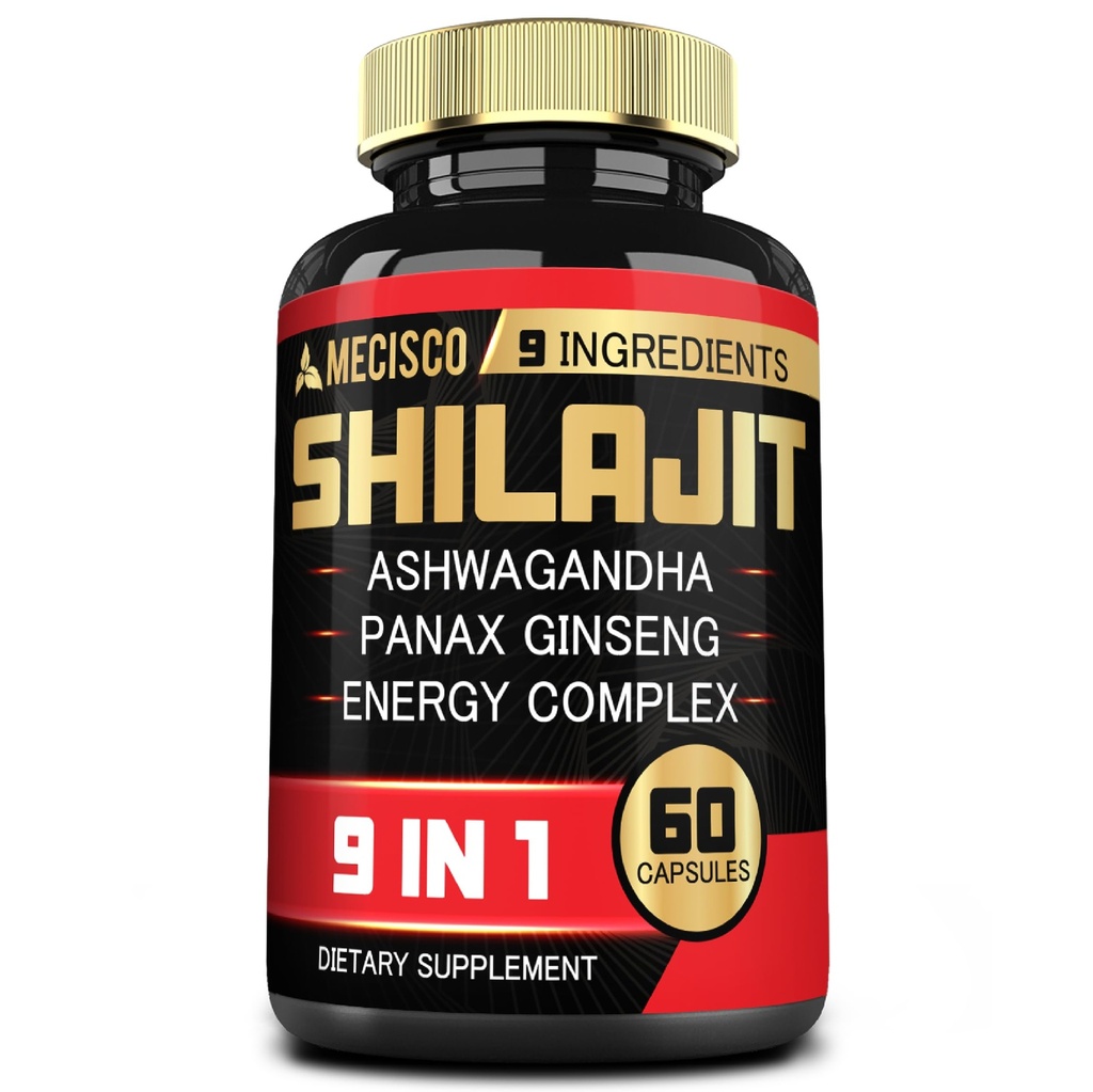 Shilajit Supplement med Ashwagandha Root, Panax Ginseng, L- Arginin, Chaga & Mere - Shilajit Pure Himalayan Organic - immunsystem, energiproduktion, Stamina & Komfortable Mood - 60 kapsler