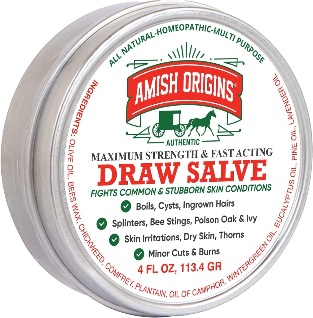 Amish Origins Tegning Salve Salve Salve, 4 oz Maksimal styrke hurtigt fungerende Draw Salve for Splinters, Boil, Bee Stings, Cyst, Anti Itch Cream, Lavet i USA