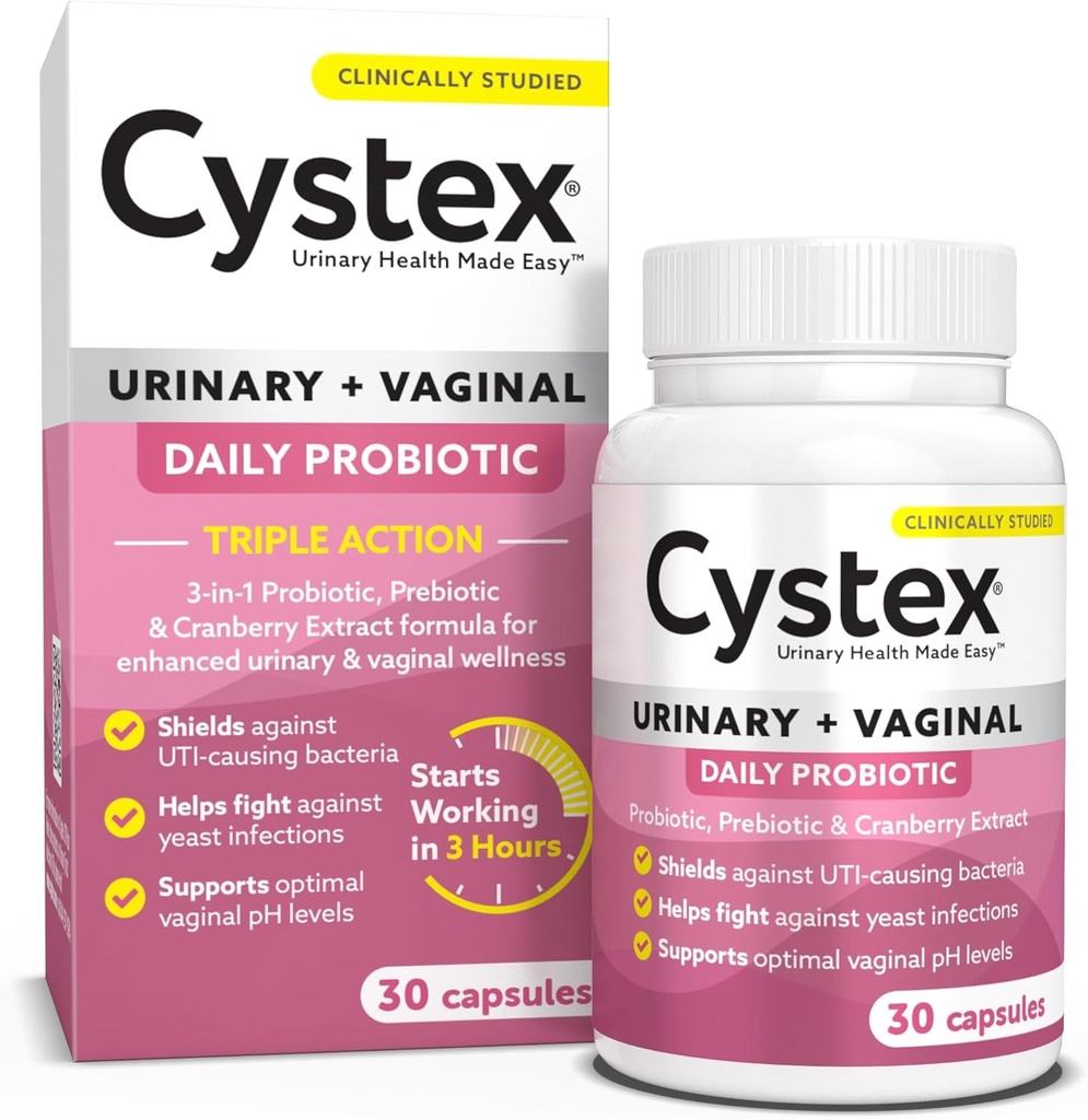 Cystex 3- in-1 Urinstof Probiotisk for kvinder - Fast- Fungerende UTI & Gær Infektion Support med Prebiotika, Probiotika, & Cranberry - Understøtter vaginal pH & Flora Balance - 30 kapsler