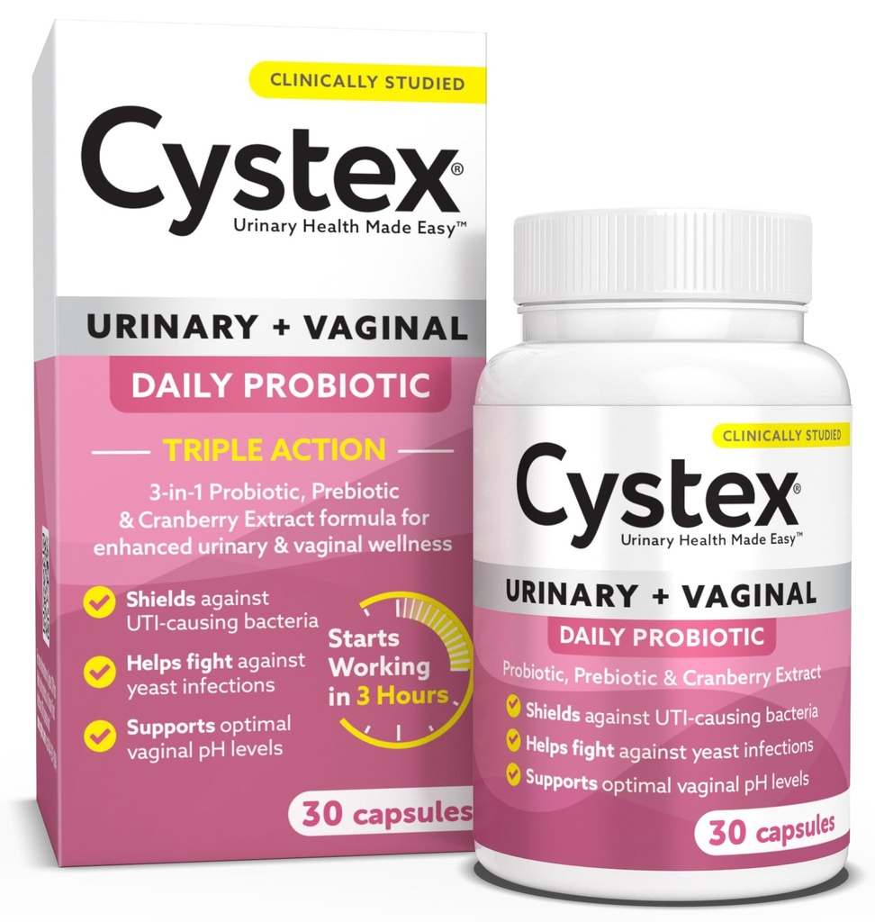 Cystex 3- in-1 Urinstof Probiotisk for kvinder - Fast- Fungerende UTI & Gær Infektion Support med Prebiotika, Probiotika, & Cranberry - Understøtter vaginal pH & Flora Balance - 30 kapsler