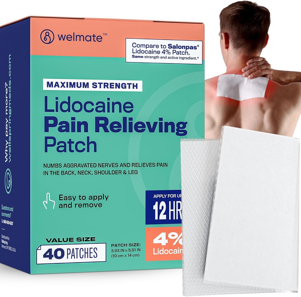 WELMATE Pain Patches Maksimal styrke Lidocain 4% tematisk nummerering Analysesic - Lidocain Patches for nerve & ryg smerte Relief, Sciatica, Neck Muscle Strain, Knee, Shoulder Joint, Hip, Foot (40ct)