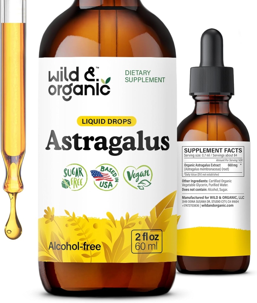 Wild & Organic Astragalus Tincture - immunsupport drops w / Astragalus Root Extract - Herbal Supplement for Calmness & Relaxation - Vegan, Sugar & Alcohol Free - 2 fl oz