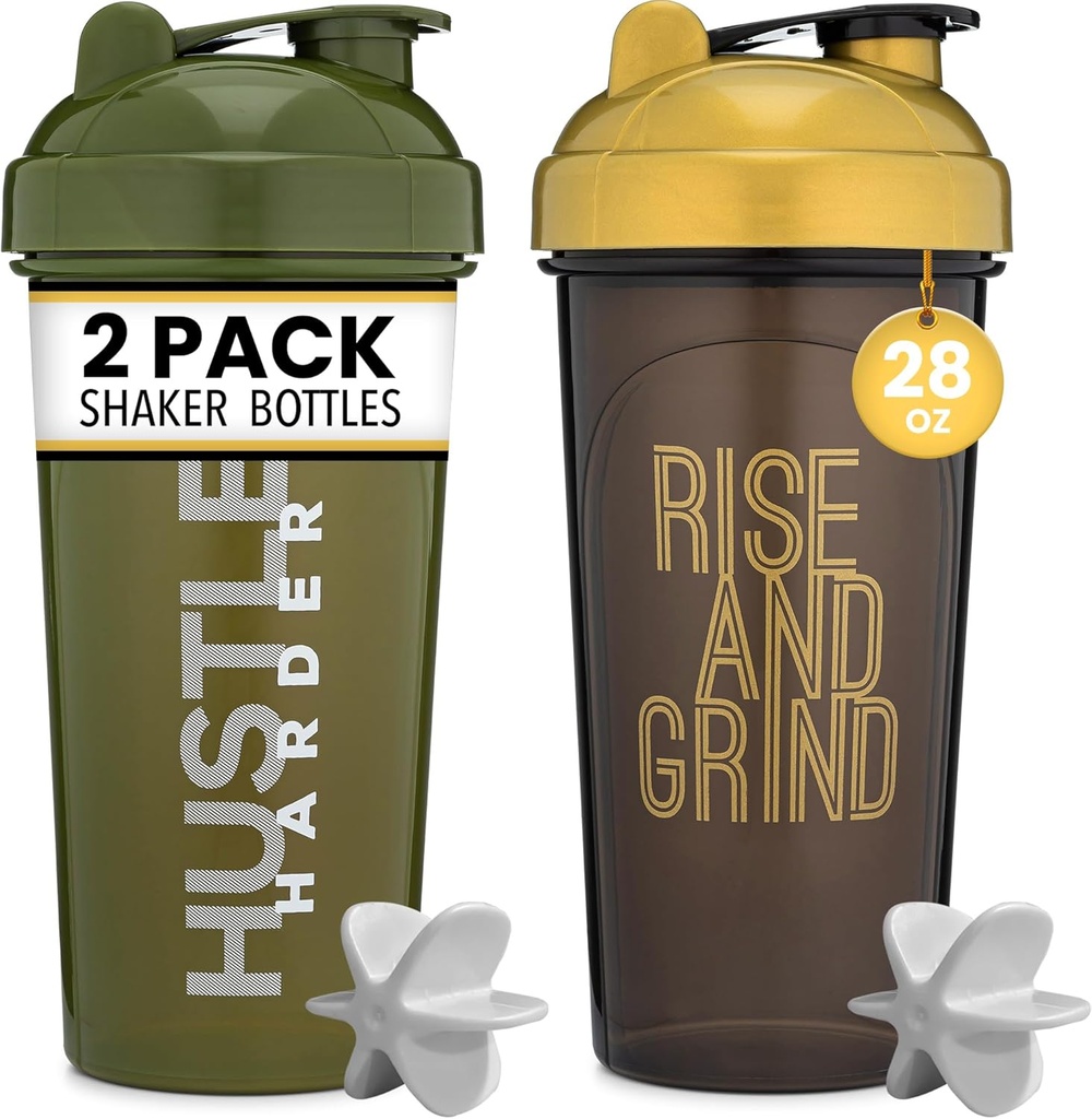 [2 Pack] 28oz Shaker Flaske med bevægelige Quotes (Black / Gold & Moss) - 124; Protein Shaker Flaske med mixer Agitators - 124; Blender Shaker Flaske til Protein Mixes Pack er BPA Free and Opvaskemaskine Safe