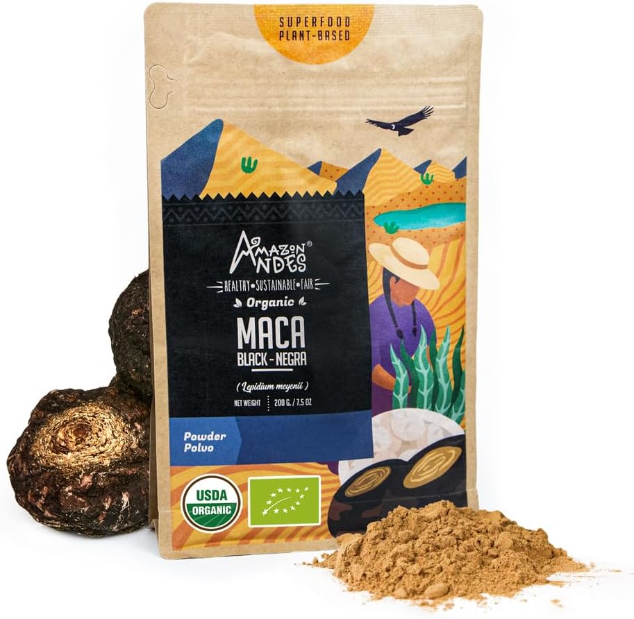   Andes Black Maca Root Powder (Lepidium meyenii) - contains Carbohydrates & Minerals - Adaptogen superfood & Health Promoter - Gelatinized, Vegan, Non-GMO & Allegen-free - 7 Ounce (40 Servings)