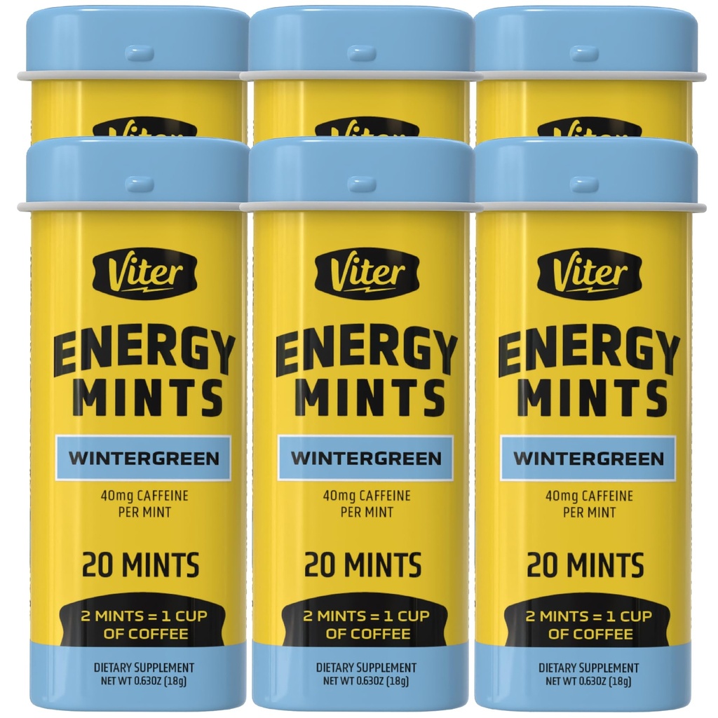 Viter Energy Coffeined Mints 40mg Coffein, B Vitaminer, Sugar Free. (Wintergreen, 20pcs, 6 Pack)