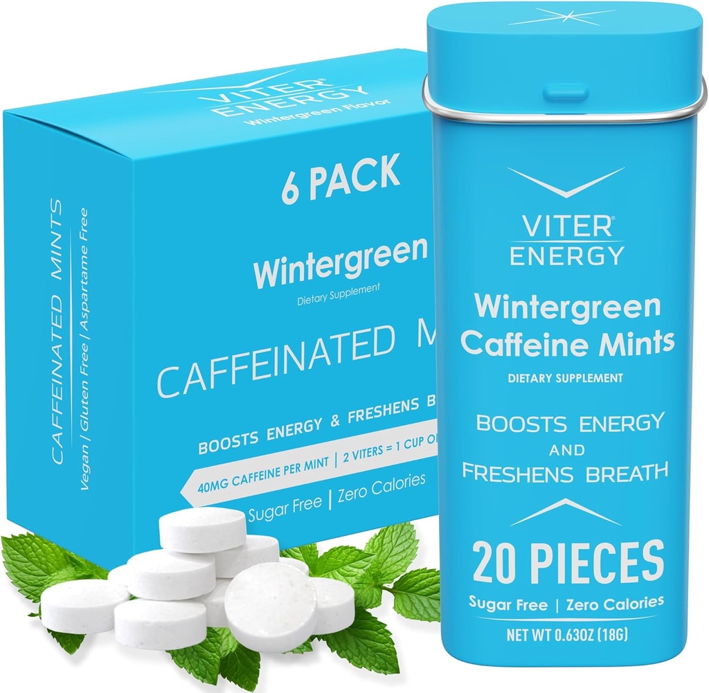 Viter Energy Coffeined Mints 40mg Coffein, B Vitaminer, Sugar Free. (Wintergreen, 20pcs, 6 Pack)