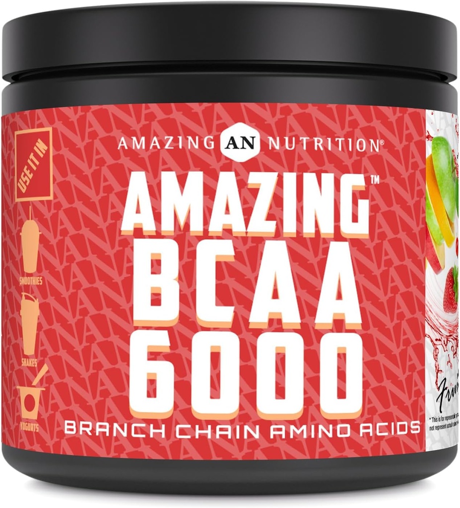 Amazing Nutrition Amazing BCAA 6000 Beeg 124; 6 Bedste BCAA Per Servering Beeg 124; 30 Servere Pulver 124; Forgrenet Chain Aminosyre Supplement Beeg 124; Lavet i USA (Natural Fruit Punch)