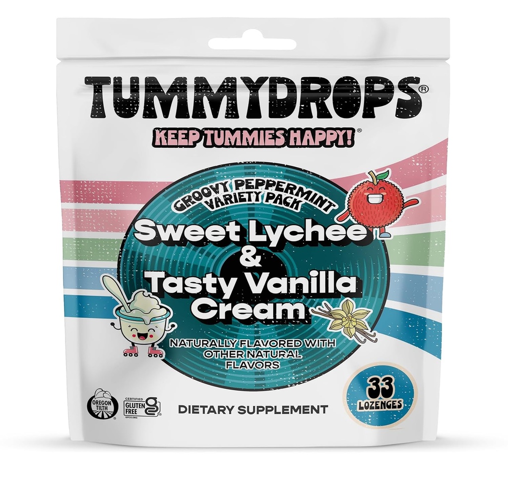 Tummydråber Groovy pebermynte Pack (mix af Lychee & Tasty Vanilla Cream). Gluten Free, Vegan, & Lavet med økologiske ingredienser, 33 individuelt indpakket assorteret pebermynte Lozenges i en resealable taske.