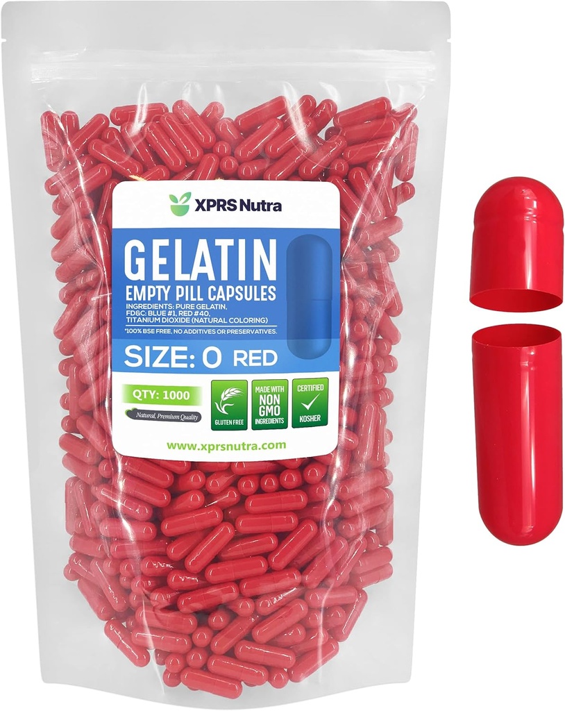 XPRS Nutra Størrelse 0 Tomme kapsler - 1000 Tomme Gelatine kapsler - Piller gør det - Pure Bovin Pille Gel Caps til Do- It- Yourself Kosttilskud (rød)