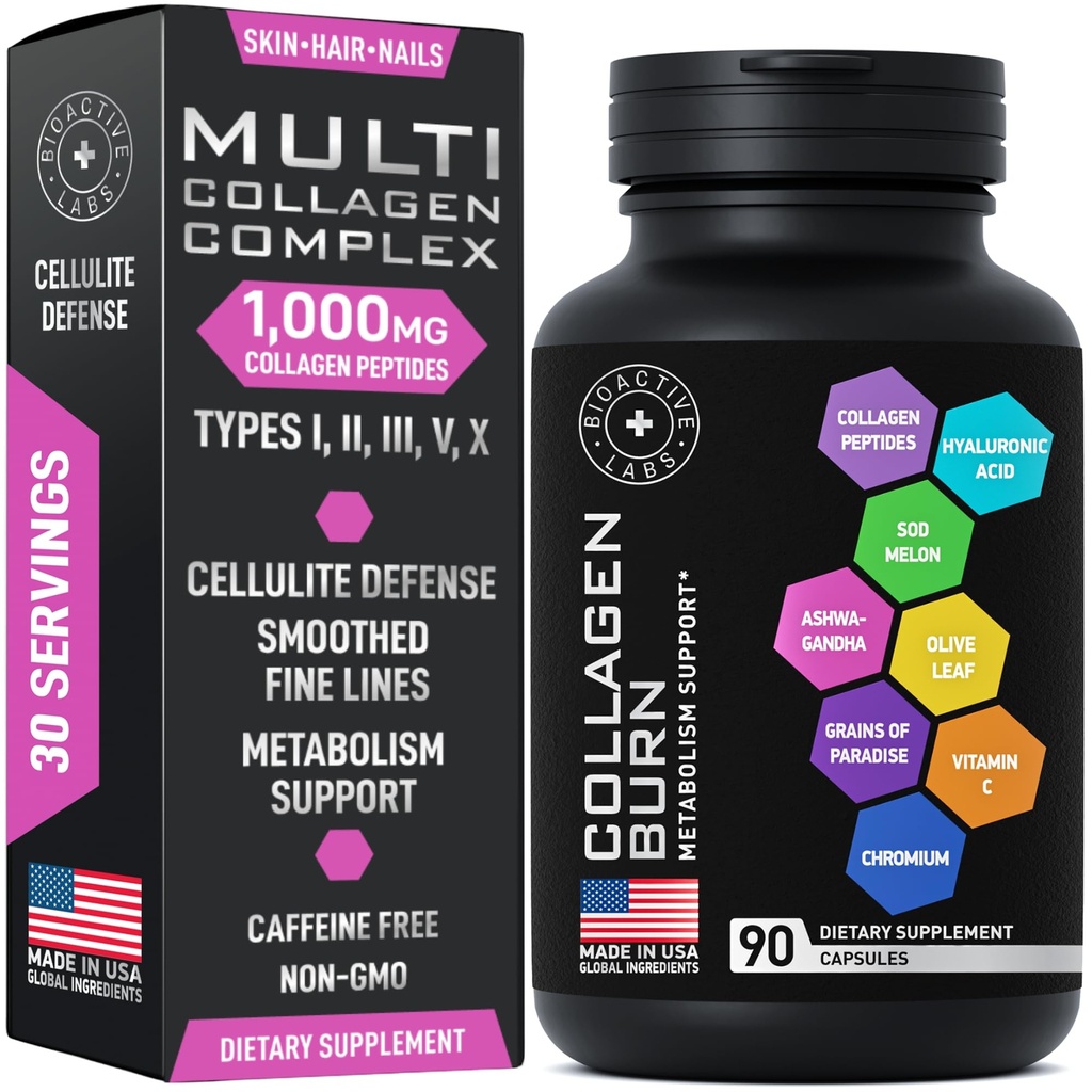 Termogene Multi Collagen Burn Kapsler - Avanceret type I, II, III, V, X Hydrolyzed Collagen Peptider Plus Hyaluronsyre - Metabolisme, cellulite, hud, hår, negle Support - 90 Collagenic Burn Caps