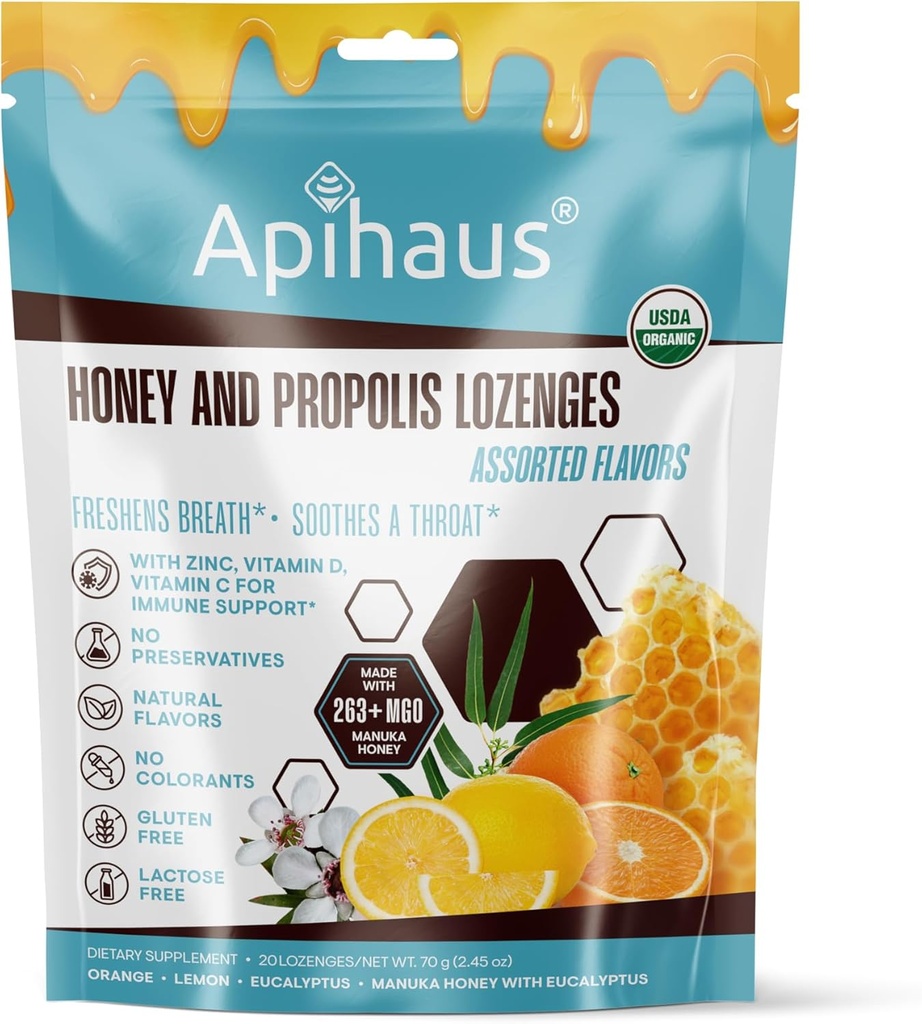 Honey and Propolis Lozenges Assorted Flavors, Freshens Breath - Soothes a Throat- Immune Support with Vitamin C, Vitamin D and Zinc, 20 Count