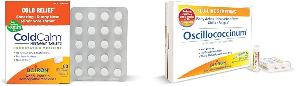 Boiron ColdCalm tabletter til lindring af almindelige kolde symptomer såsom nysen & Oscillococcinum til lindring fra flu- lignende symptomer på Body Aches, hovedpine, feber, kulderystelser, og træthed - 12 greve