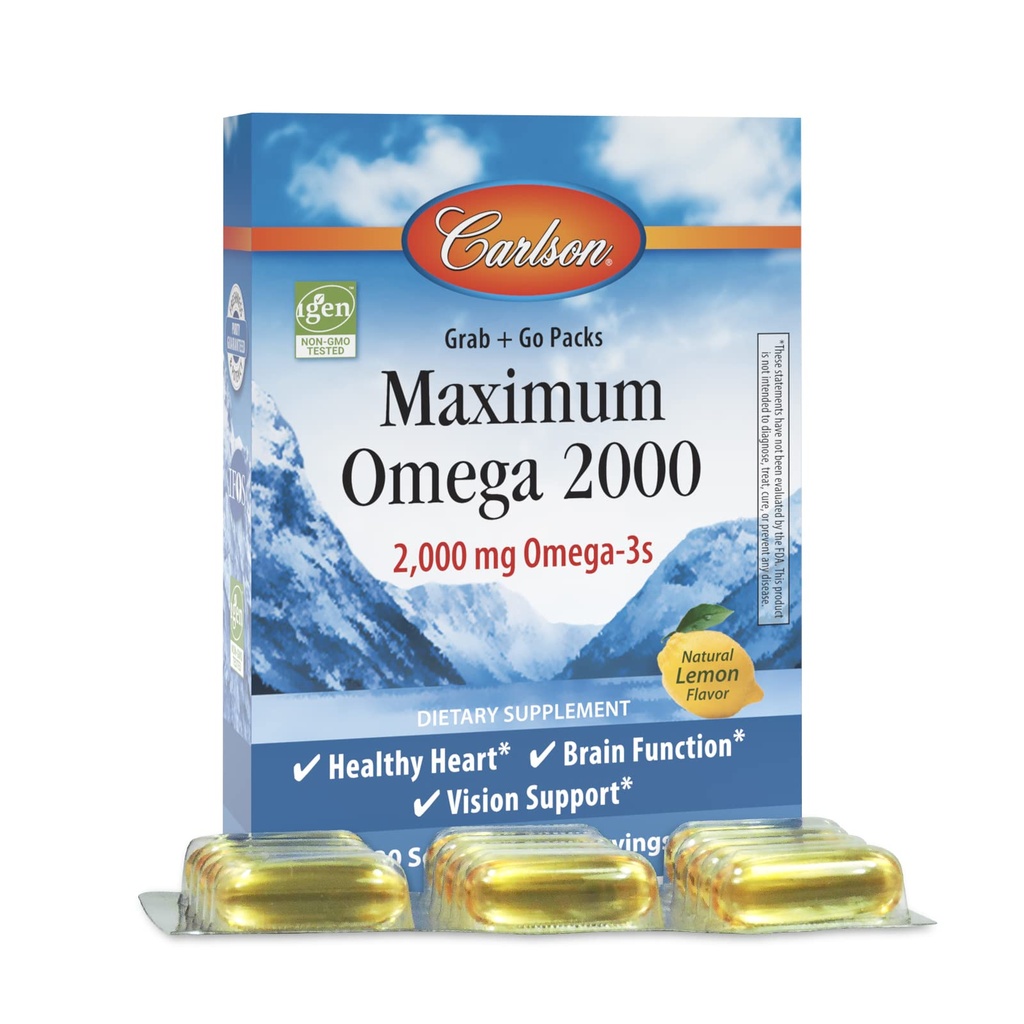Carlson - Maksimum Omega 2000 Grab + Go Packs, 2000 mg Omega- 3s, Wild- Fanget, Norwegian Fish Oil Supplement, Sustainable Sourced Fish Oil Capsules, Lemon, 30 Softgel Pack