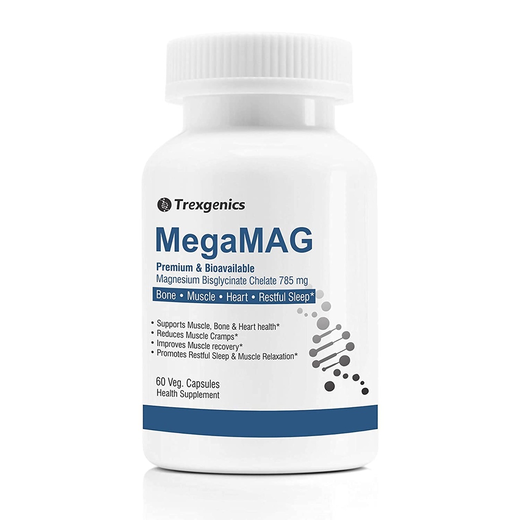 A.K. Trexgenics MegaMAG Magnesium Bisglycinat Elemental Magnesium 220 mg / 2 Caps med Glycin fordele - De fleste biotilgængelige Magnesium til søvn, muskel, ben & hjerte støtte (60 Veg. Kapsler)