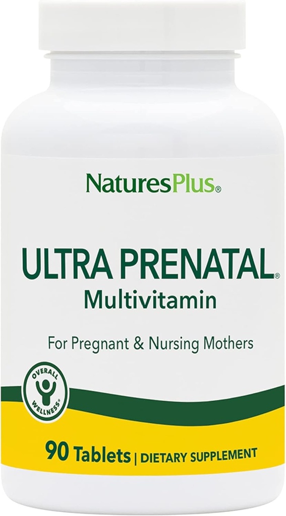 NaturesPlus Ultra Prenatal Multivitamin - 800 mcg Folate, 90 Vegetariske tabletter - Prenatal Supplement med jern, jod, Calcium & B- Complex Vitamin - Gluten- Free - 45 Servere
