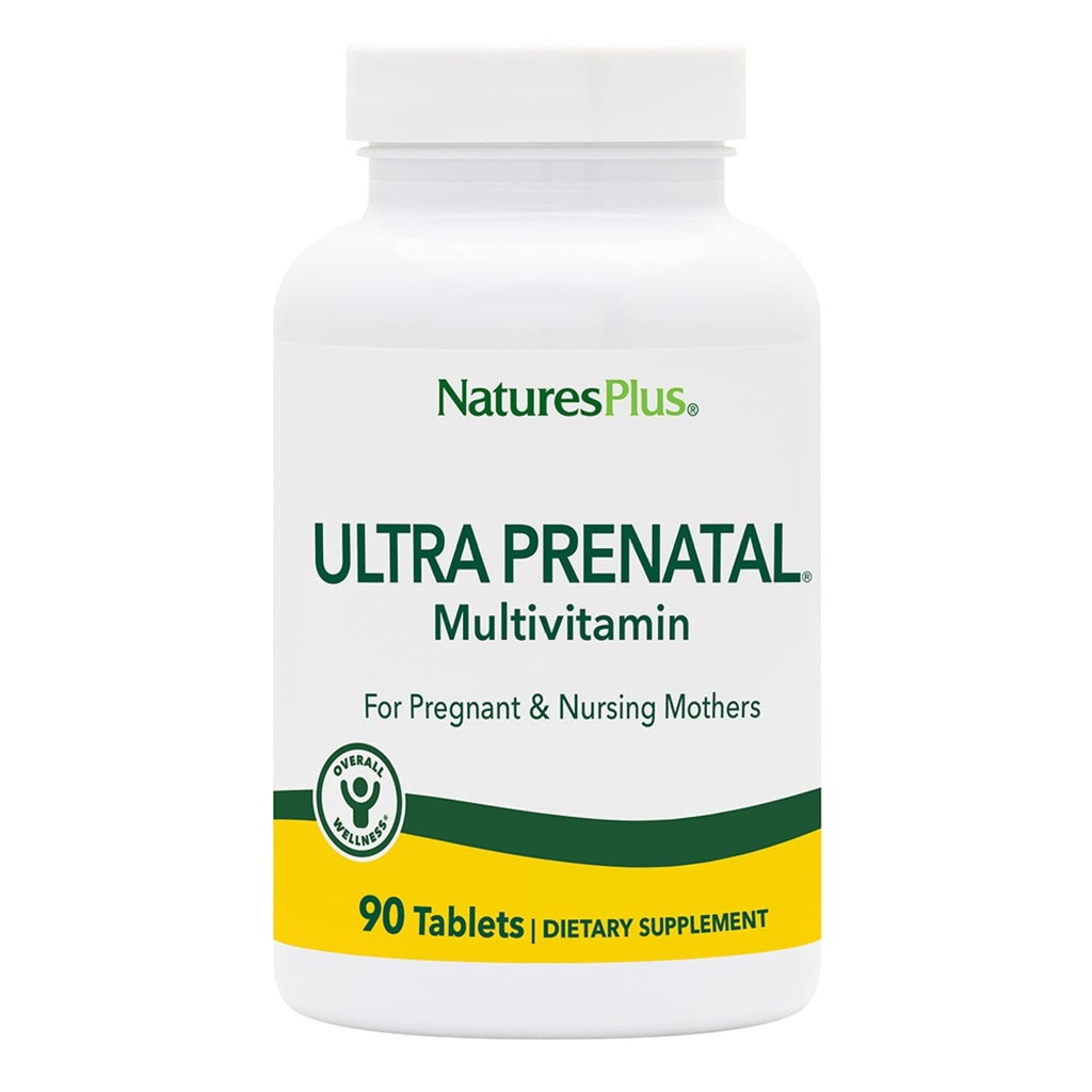 NaturesPlus Ultra Prenatal Multivitamin - 800 mcg Folate, 90 Vegetariske tabletter - Prenatal Supplement med jern, jod, Calcium & B- Complex Vitamin - Gluten- Free - 45 Servere