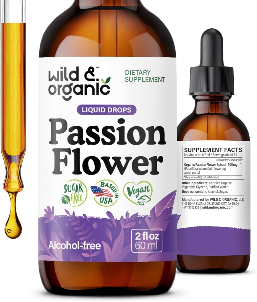 Wild & Organic Passionflower Tinktur - Afslappende Passion Flower Drops for Women - Flydende Passiflora Incarnata Herb - Vegan, Sukker & Alkohol- Free Extract Supplement - 2 fl oz