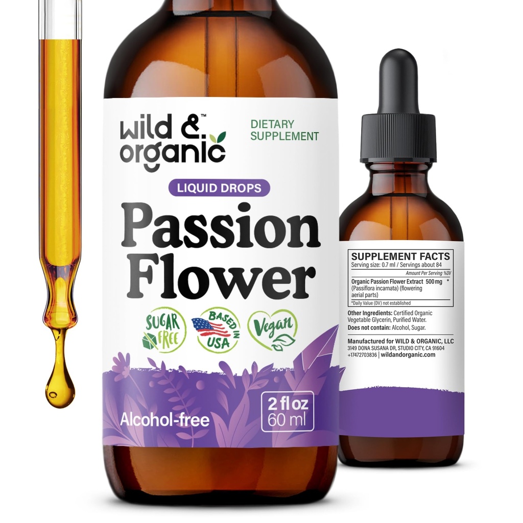 Wild & Organic Passionflower Tinktur - Afslappende Passion Flower Drops for Women - Flydende Passiflora Incarnata Herb - Vegan, Sukker & Alkohol- Free Extract Supplement - 2 fl oz
