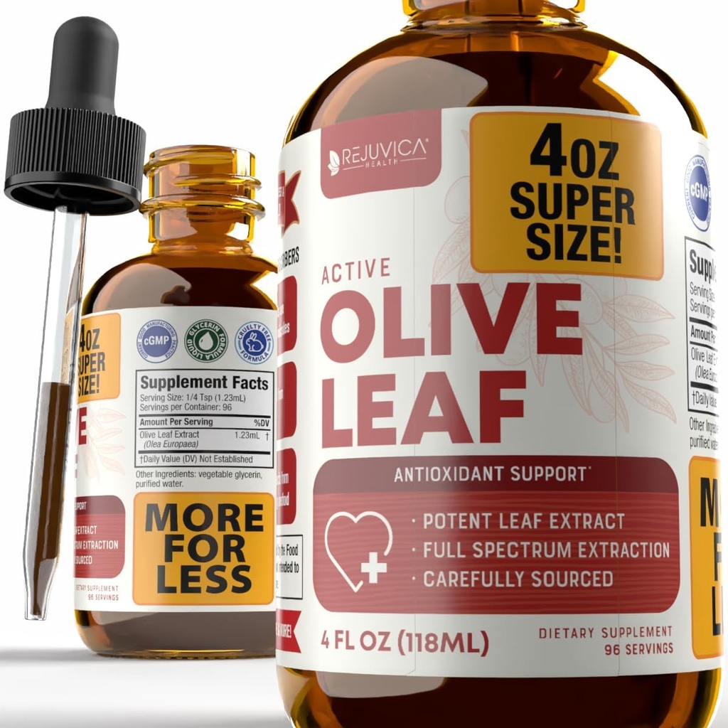 Rejuvica Sundhed Aktiv Olive Leaf 4oz XL Super Størrelse Tinktur - Avanceret Olive Leaf Liquid Extract - naturligt occurring Oleuropein - Immun & Heart Support Drops