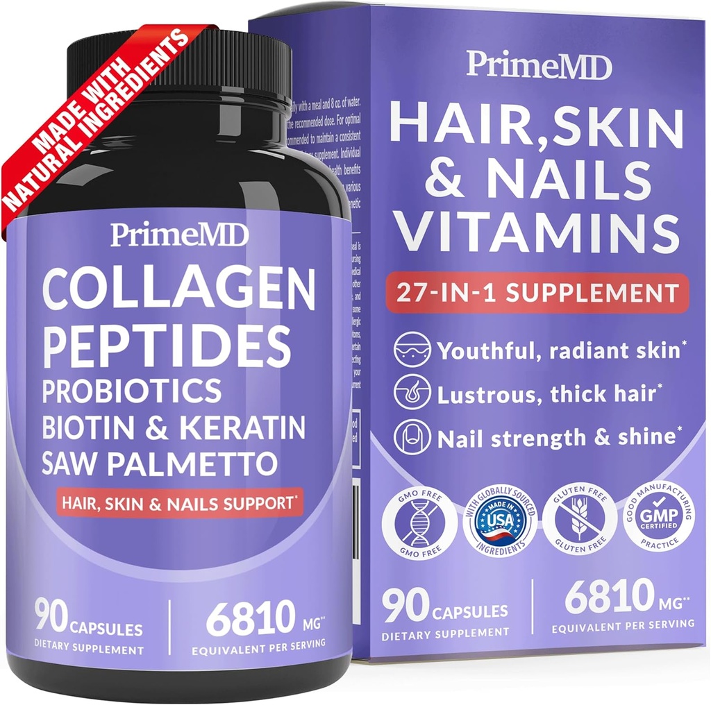 27- in-1 Hår hud og negle Vitaminer (6810mg) med Biotin 10000mcg - Collagen Kosttilskud til mænd og kvinder - Keratin Kosttilskud med Probiotika og Saw Palmetto, 90ct