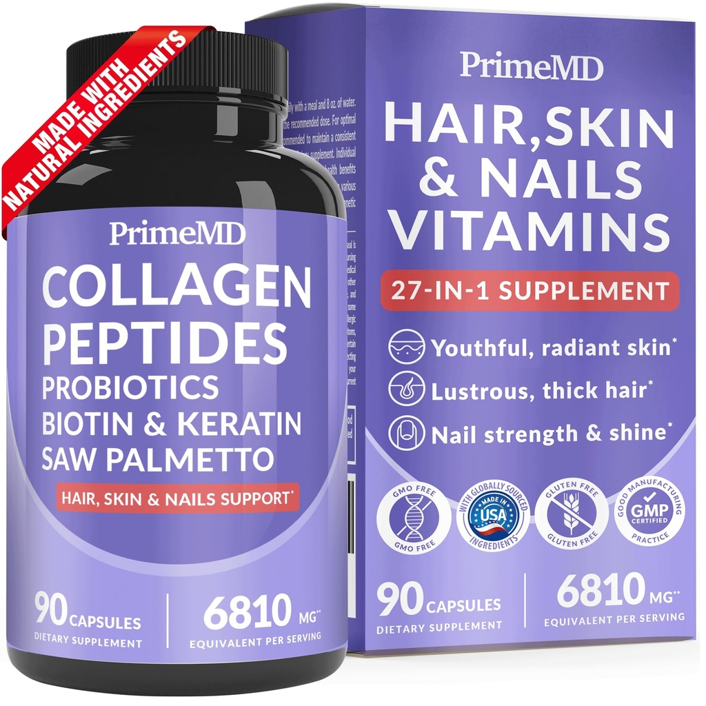 27- in-1 Hår hud og negle Vitaminer (6810mg) med Biotin 10000mcg - Collagen Kosttilskud til mænd og kvinder - Keratin Kosttilskud med Probiotika og Saw Palmetto, 90ct