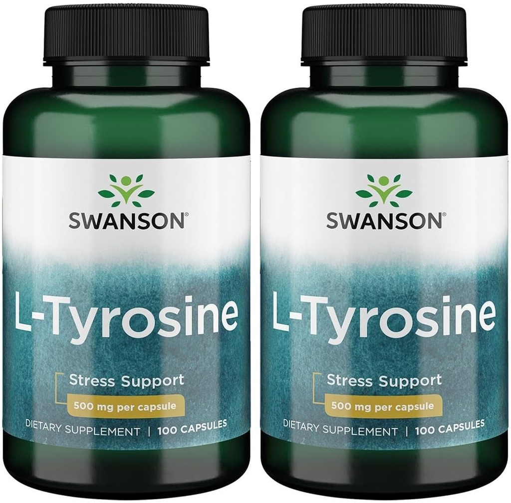 Swanson L- Tyrosine - Aminosyretilskud til fremme af stress, kognitiv funktion, og mental Klarhed - Hjælper støtte samlede hjerne sundhed - (100 kapsler, 500mg hver) (2 Pack)